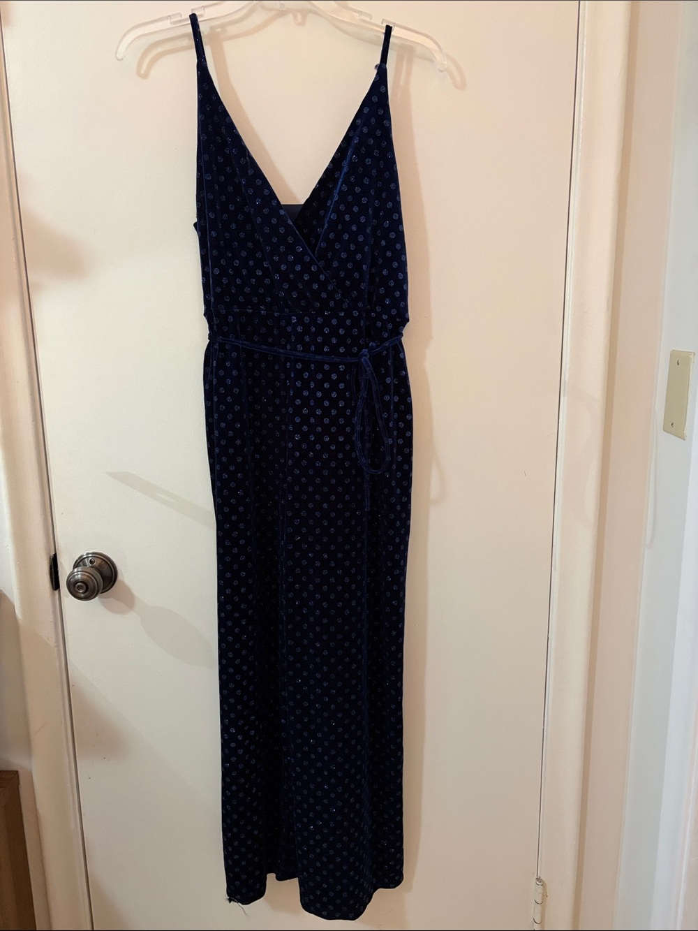 TopShop Sleeveless V-Neck Navy Velvet Polka Dot Jumpsuit